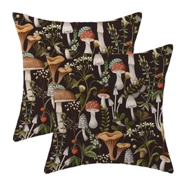 AEIOAE Boho Mushroom Pillow Covers 18 X 18 Inch Set of 2, Black Mushrooms Outdoor Decorative Throw Pillow Covers Vintage Farmhouse Pillowcase Linen Mushroom Decor for Couch Home Sofa