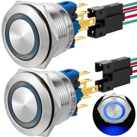 ZJWZJH (2Pcs) 22mm Momentary Push Button Switch UL Certification 24V DC/AC SPDT 5Amp Waterproof IP67 Stainless Steel with Wire Socket Plug 7/8" Mouting Hole (Blue, Momentary,24V)