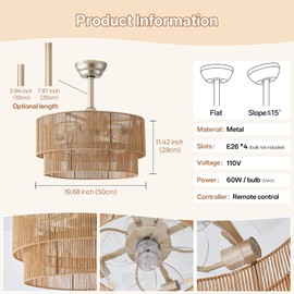 Glmthux 20" Caged Boho Ceiling Fans with Lights, Rattan Fandelier Chandelier Ceiling Fan with Light Remote Control with 6 Speeds for Bedroom, Nursery