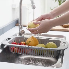 Extendable Over the Sink Colander Fruits and Vegetables Drain Basket Adjustable Strainer Sink Washing Basket for Kitchen (Grey)