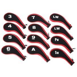 Hipiwe Number Print Golf Club Iron Covers Durable Neoprene Zippered Head Covers with Long Neck - Set of 12 (Black + Red)