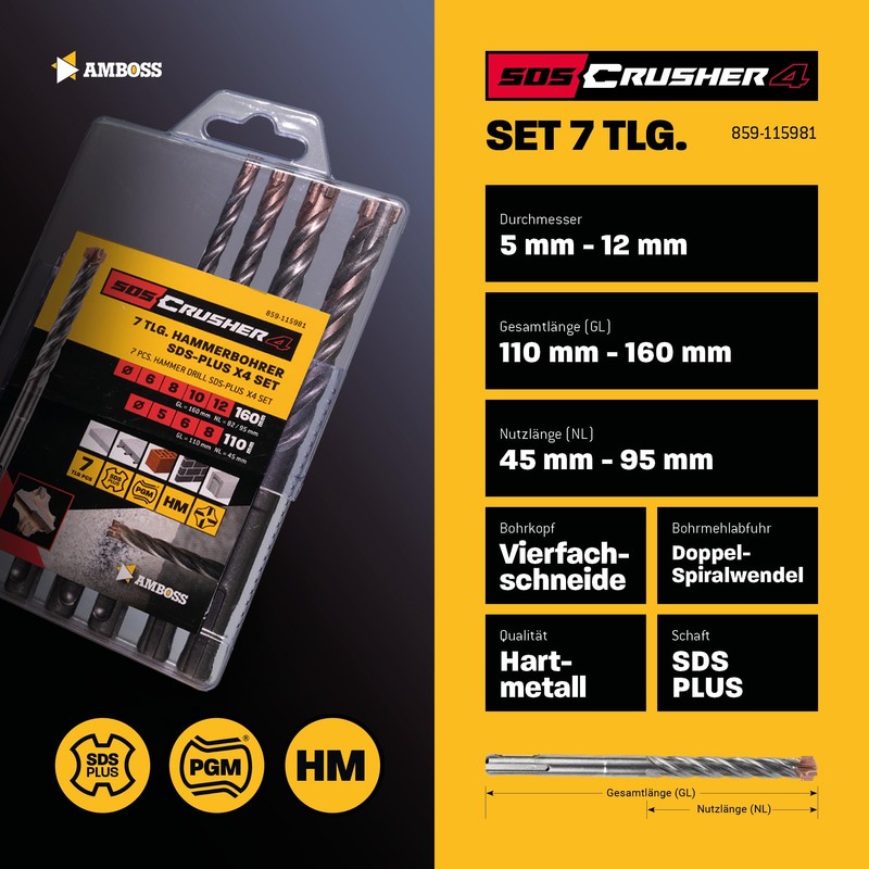 SDS+ Hammer Drill Bit Set 7 Pieces 4 x Cutting