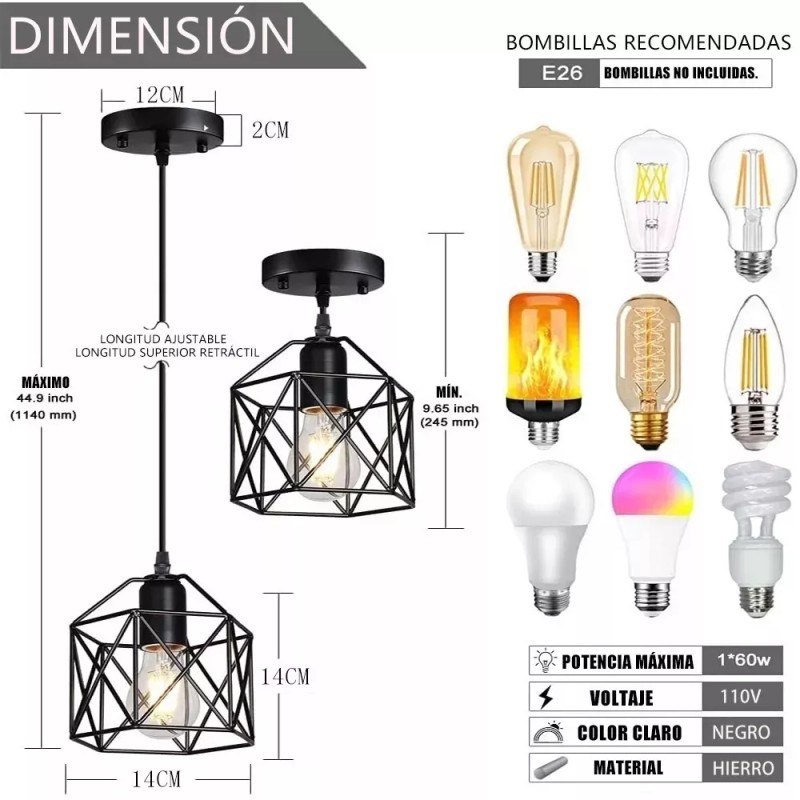 D.S Lámpara Colgante Industrial Negra Tipo Jaula 3 Piezas A6
