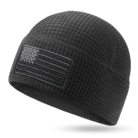 OUTDOOR SHAPING Grid Fleece Beanie with American Flag Embroidery Waffle Tactical Army Military Skull Cap Black