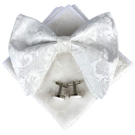 Justar Mens Pre-Tied Paisley Bowtie Oversized Tuxedo Bow Tie Hankie Cufflinks Set (White)