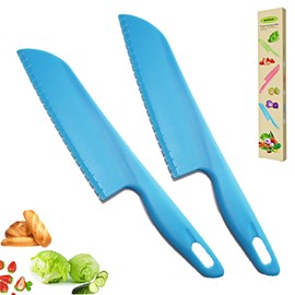 jawbush Plastic Vegetable Knife, 11" Serrated Edge Pizza Cutter with Non-slip Handle for Kitchen, Pizzas, Salad, Cakes, Bread, Fruit, and Lasagna, Nylon Knife for Nonstick Bakeware - 2-Pack, Blue