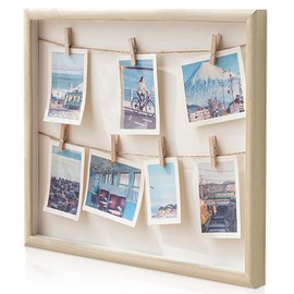 Gwezmxs DIY Wooden Photo Collage Frame, Wall Picture Frame with Cord, Clips for Polaroids Photos, Versatile Photo Holder for Photo Wall Gift, 32 x 32 cm