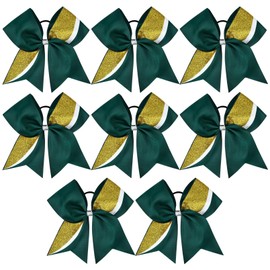 8 PCS Large Glitter Cheer Bows 8" Hair Bows Sparkly Cheerleading Softball Team Bow Hair Ponytail Holder Accessories for cheerleaders football Competition Sports- Green Gold White