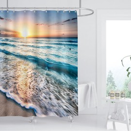 ZXMBF Ocean Shower Curtain Sand Beach Waves Sunrise Lanikai Theme Colorful Offshore Pacific Scenry Pattern Waterproof Fabric Bathroom Decor Set 72x72 Inch Plastic Hooks 12 Pcs Blue
