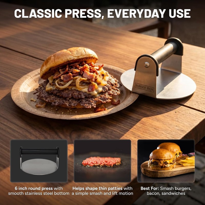 Burger Iron Smash Burger Press, 6 Inch Burger Press, Stainless