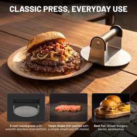 Burger Iron Smash Burger Press, 6 Inch Burger Press, Stainless Steel, Round Flat Bottom, Hamburger Smasher Tool, Ideal For Griddle, Grill, Flat Top, Kitchen Accessories