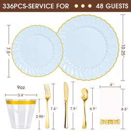 Lullaby 336PCS Elegant Disposable Dinnerware Set –96 Blue Scalloped Gold-Trim Plates (48 Dinner, 48 Dessert), 48Forks, 48 Spoons, 48 Knives, 48 Napkins & 48 Cups – Fancy Plastic Plates for 48 Guests