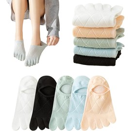 Kumoi Women's Five Toe Socks, Antibacterial, Odor Resistant, Sweat Absorbent, No Shedding, 5 Colors, 5 Pairs Set, Ankle Socks, Cotton, Breathable, Mesh Knitting, No Stuffy, Short Length, Simple, Cute