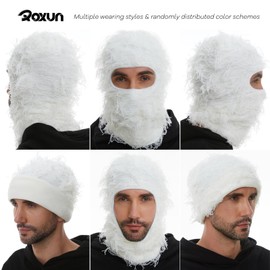 ROXUN Distressed Ski Mask Balaclava, Yeat Shiesty Fluffy Knitted Full Face Mask for Men/Women Off White
