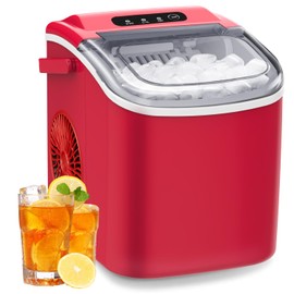 Joy Pebble Bullet Ice Maker Countertop with Handle,9 Bullet Ice Cubes Ready in 6 Mins,26Lbs/24H, Self-Cleaning Portable Ice Machine with Basket and Scoop, for Home/Kitchen/Camping/RV(Red)