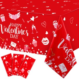 Tatuo 3 Pack Valentine‘s Day Table Cloth Happy Valentine Tablecloth Decoration Plastic Rectangular Love Heart Tablecloth Table Cover Wedding Anniversary Birthday Decor 54 x 108 Inch (Red)