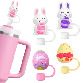 4 Pcs Easter Straw Cover Cap Easter Straw Toppers Egg Bunny Reusable Silicone Straw Topper Cute Animal Colorful Rabbit Straw Tip Lid Protector for 30/40Oz Tumbler Cup Accessories