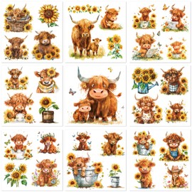 9 Sheets Highland Cow Rub on Transfer for Crafts and Furniture Sunflower Decor Rub on Transfer Animal Stickers for Home Decor, Decals, Wood Furniture, Tiered Trays,5.9 x 5.9 Inch (Cow)
