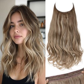 SARLA Invisible Wire Hair Extensions with 3 Clips Long 18 Inch Synthetic Wavy Curly Hairpiece for Women Adjustable Transparent Headband Dark Sand