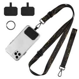 Dutyway Cell Phone Lanyard, Wrist Lanyard for Keys, Adjustable Crossbody Shoulder Neck Strap with Phone Tether Tabs Universal Lanyards for ID Badges, Card Holder, Most Smartphones (Black Gold)