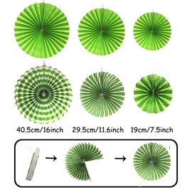 ZERODECO Party Decoration, 21 Pcs Green Hanging Paper Fans, Pom Poms Flowers, Garlands String Polka Dot and Triangle Bunting Flags for Golf Party Dinosaur Birthday Parties Arbor Day