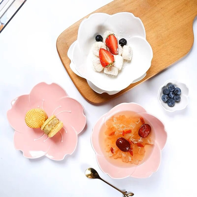KKGUD Cute Cherry Blossom Ceramic Serving Bowl with Saucer and