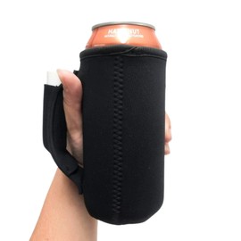 16oz Can Cooler Insulated - Lit Handlers Neoprene Fabric Beverage Cooler Sleeve with Handle & Pocket - Water Resistant Soda & Energy Drink Holder - Machine Washable Beer Can Covers for Beach (Black)