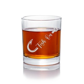 Fish Hook Fish On Round Rocks Glass - Gift For Him, Fishing Decor, Cabin Decor, Fishing Buddies, Wooly Bugger, Fly Fishing Gift, Boyfriend Gifts, Gifts For Dad, Old Fashioned Glass