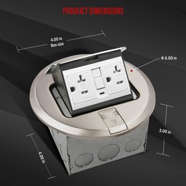 ENERLITES Pop-Up Floor Box Kit, 6" Dia. x 3" H, 20A GFCI Tamper-Resistant Receptacle Outlet, Watertight Gasket Corrosive Resistant Hardware, 961501-S-GFCI, Nickel Plated Brass Cover