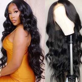 Aicrelery 28 Inch 13x6 Body Wave Lace Front Wigs for Women Human Hair 13x6 HD Lace Front Wigs Human Hair Pre Plucked Bleached Knots With Baby Hair 180 Density Body Wave Frontal Wig (Natural Color)