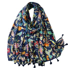 WaJuemy Lightweight Scarf Shawl Wrap for Women Fashion Casual Floral Linen Scarves Shawls Large Travel Blanket Scarf Wraps (49 Navy Bloom)