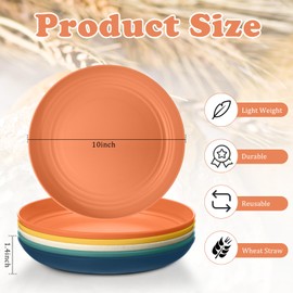 Zopeal 15 Pcs 10 Inch Wheat Straw Plates Set Lightweight Unbreakable Deep Dinner Plates Reusable Plastic Plates Microwave and Dishwasher Safe Kitchen Salad Dessert Fruit Cakes Dish (5 Bright Colors)
