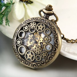 JewelryWe Retro Gear Sprocket High Openwork Manual Winding Mechanical Pocket Watch Skeleton Watch Sweater Necklace Chain, bronze gear, Christmas Day, birthday