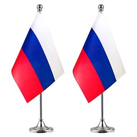 WXTWK 2 Pack Russia Flag Russian Desk Flag Small Mini Russian Table Flags With Stand Base,Home Office Festival Events Celebration Decorations
