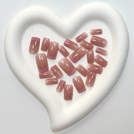 Square Heart Press on Nails Short Valentine's Day Fake Nails French Tips Design Glossy Full Cover Acrylic Medium False Nails Pink Heart Glue on Nails Stick on Nails for Women and Girls 24Pcs