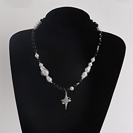 Wendalern Kristallperlen Halskette Choker Schwarz Weiß Kugelkette Perlenhalskette Cz Kreuz Stern Anhänger Halskette Handmade Perlenkette Barock Perlenkette Y2k Schmuck Für Damen Mädchen