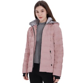 ROSE ROUND Women Down Puffer Jacket, Hooded Puffer Coat with Faux-Fur Hood & Collar Thumb Hole Pink XXL
