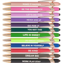 Inspirational Touch Screen Pens, 12-Pack, Rose Gold Accents, Motivational Quotes, Black Ink, 1mm
