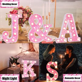Pink Light Up Letters, Glitter Alphabet Letter Sign Pink LED Marquee Letter Lights Battery Powered for Night Light Girls Bedroom Birthday Party Wedding Home Christmas Decorations Gift for Her-Pink L