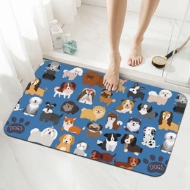 Jbofyee Cute Puppy Dogs Blue Bath Mat Rugs 15.7x23.6 in, Diatomaceous Earth Bathroom Rug Rubber Non-Slip Absorbent Bathroom Mat for Bathroom Kitchen Floor, Tub and Shower Sink