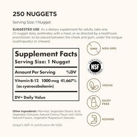 Solgar Vitamin B12 1000 mcg, 250 Nuggets - Supports Production of Energy, Red Blood Cells - Healthy Nervous System - Promotes Cardiovascular Health - 