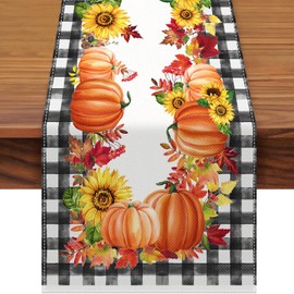 72 x 13 Inch Fall Pumpkin Table Runner - Autumn Harvest Pumpkin and Birdhouse Pattern with Buffalo Plaid for Thanksgiving Day, Home, Kitchen, Mantel, Dining Table Decorations