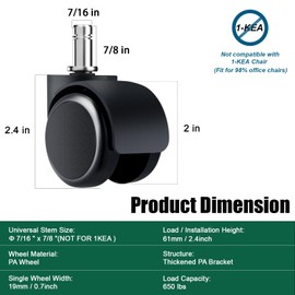 TESUMI 2" Inch Office Chair Wheels Casters, Heavy Duty Rubber Desk Chair Wheels Replacement, Universal Stem（11x22mm） Mute PA Wheels Furniture Casters for Various Floor, 650 Lbs Total Load, Set of 5