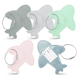 LELE LIFE 5Pcs Airplane Luggage Tags for Suitcases, Fun Leather Travel Luggage Name Tags for Suitcase Baggage Bag Backpack with Stainless Steel Cable, Cute Travel Accessories