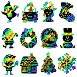 RICEDUO Christmas Scratch Art for Kids, 36 Pieces Rainbow Christmas Scratch Craft Paper Art with Wooden Sticks, Christmas Ornaments for Kids Party Favors Supplies