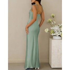 UEZOU 2025 Satin Cowl Neck Spaghetti Strap Slip Maxi Dress for Women Tie Strap Formal Wedding Guest Dresses with Slit Sage