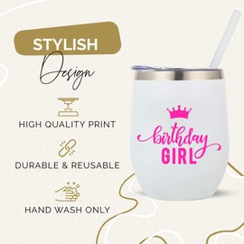 Your Dream Party Shop - Copa de vino de acero inoxidable con recubrimiento en polvo de 12 onzas sin tallo con popote y tapa con estampado (cumpleañera)