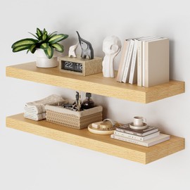 Heimlove 36 Inch Long Floating Shelf for Wall, 12" Deep Floating Shelves Wall Shelves for Bedroom Living Room Bedroom, Wall Mounted Shelves for Storage Book Wall Decor, Set of 2, Oak