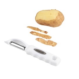 Restaurantware Comfy Grip 7.5 Inch Vegetable Peeler 1 Durable Potato Peeler - Sharp Swivel Blade Ambidextrous Handle White Stainless Steel Veggie Peeler Built-In Blemish Remover