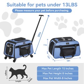 Petsfit Pet Carrier with Wheels, Rolling Cat Carrier for Small Cats, Airline Approved Pet Carrier with Telescopic Handle Perfect for Travelling Under 13lb,Blue